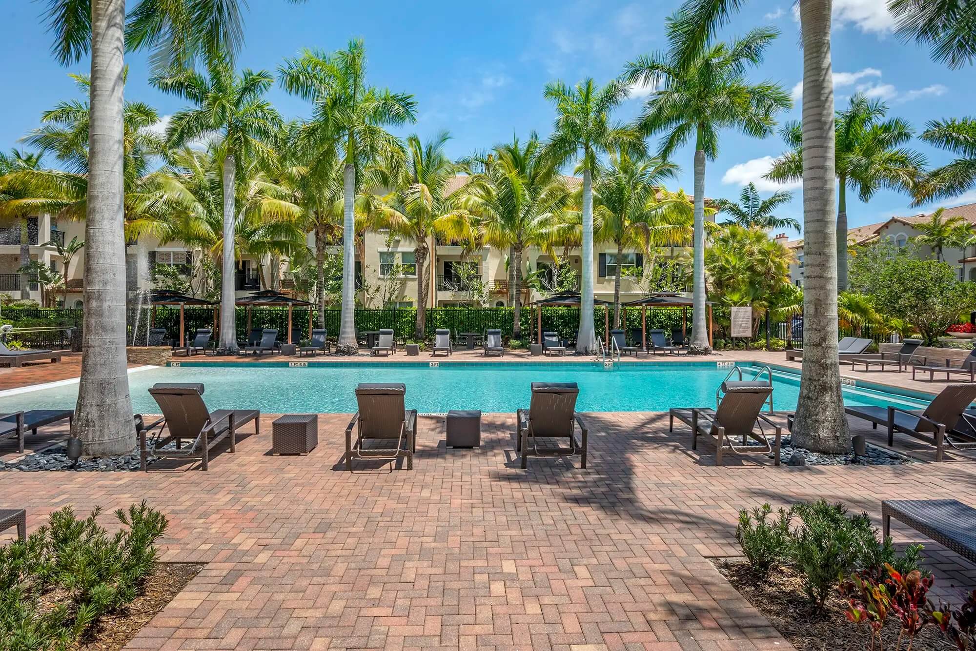 Pool deck with reclining seat surrounded by palm trees